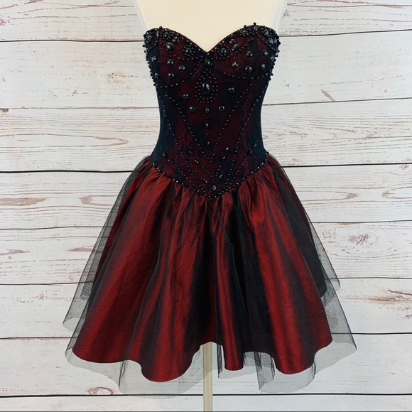 Beautifly Dresses & Skirts - Beautifly red black beaded dress with tulle short